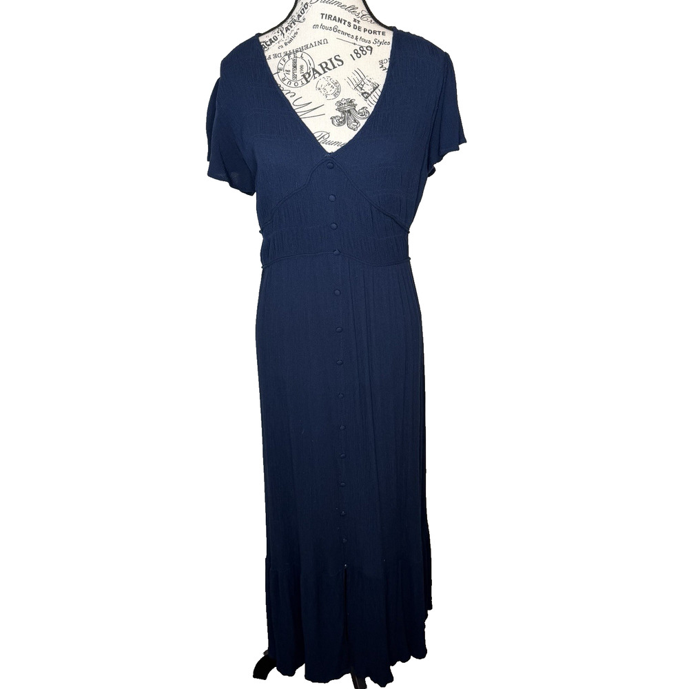 Oak & Trellis Women’s Maxi Dress Large Babydoll Navy Blue Gauze-Like Fabric
